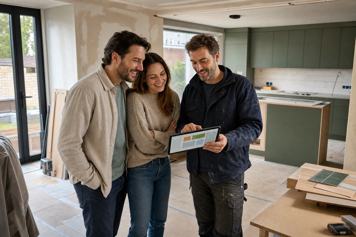 Huiseigenaars bekijken renovatievoortgang met hun bouwpartner op een tablet