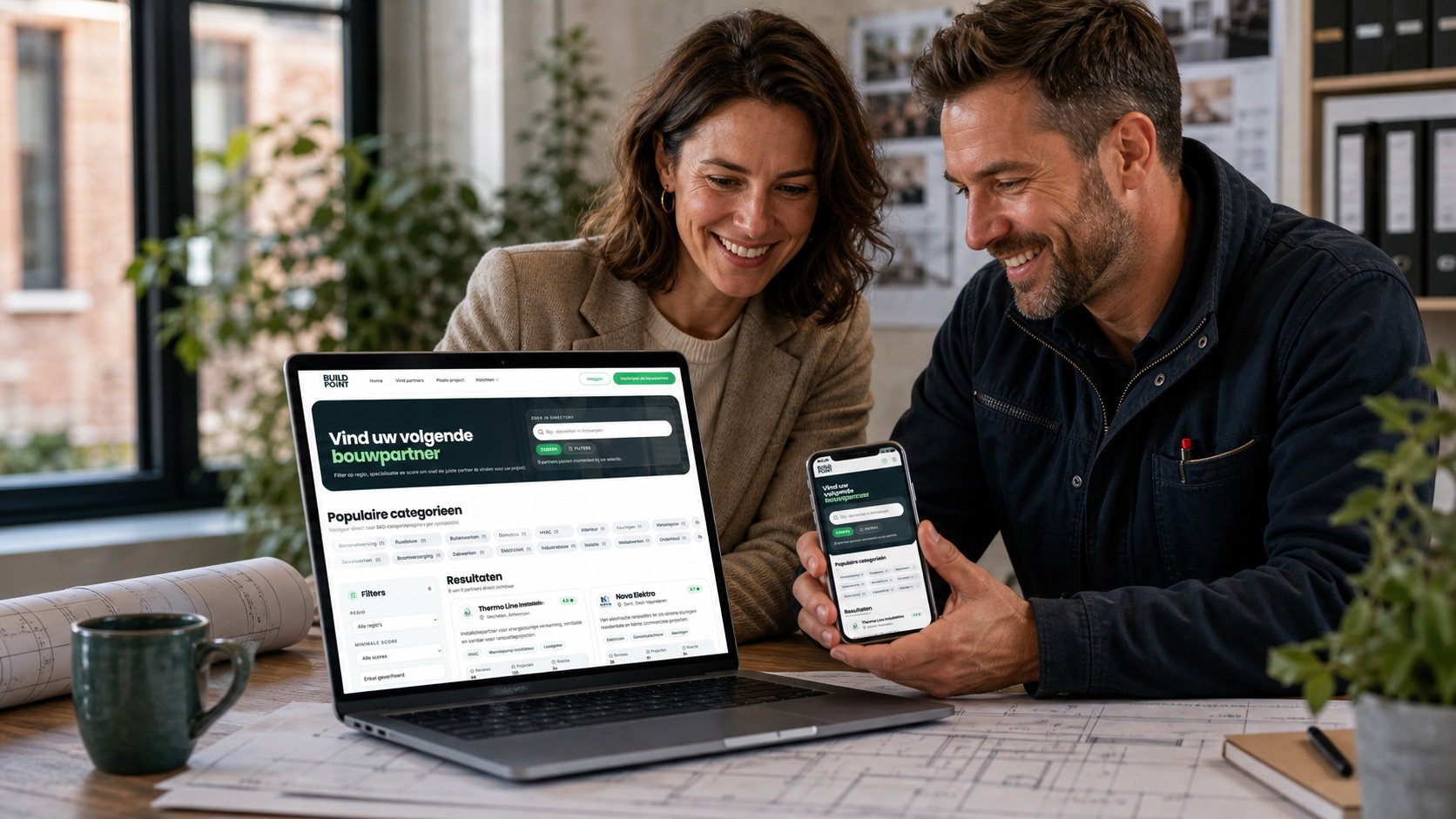BuildPoint partnerdirectory met filters en partnerresultaten op laptop en smartphone