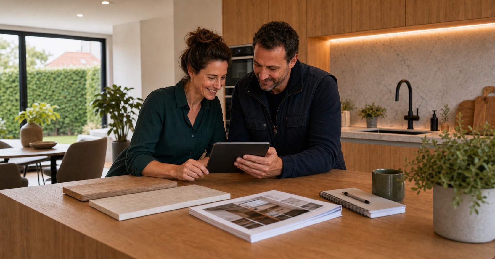 Bouwpartner toont afgeronde renovatieprojecten op een tablet aan een klant in een moderne keuken